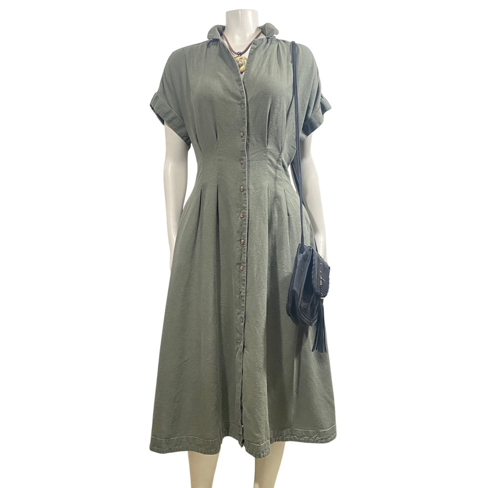 Universal Thread Olive Green Linen Blend Button Front Midi Shirt Dress Size 10